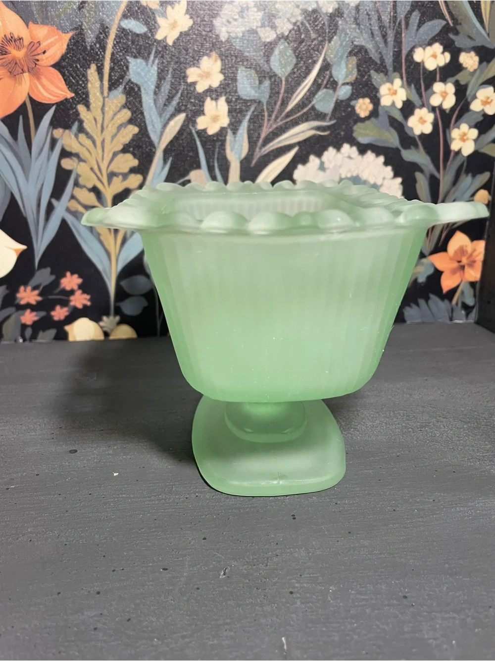 Frosted Sea Green Pedestal Compote Candy Dish MCM Vintage